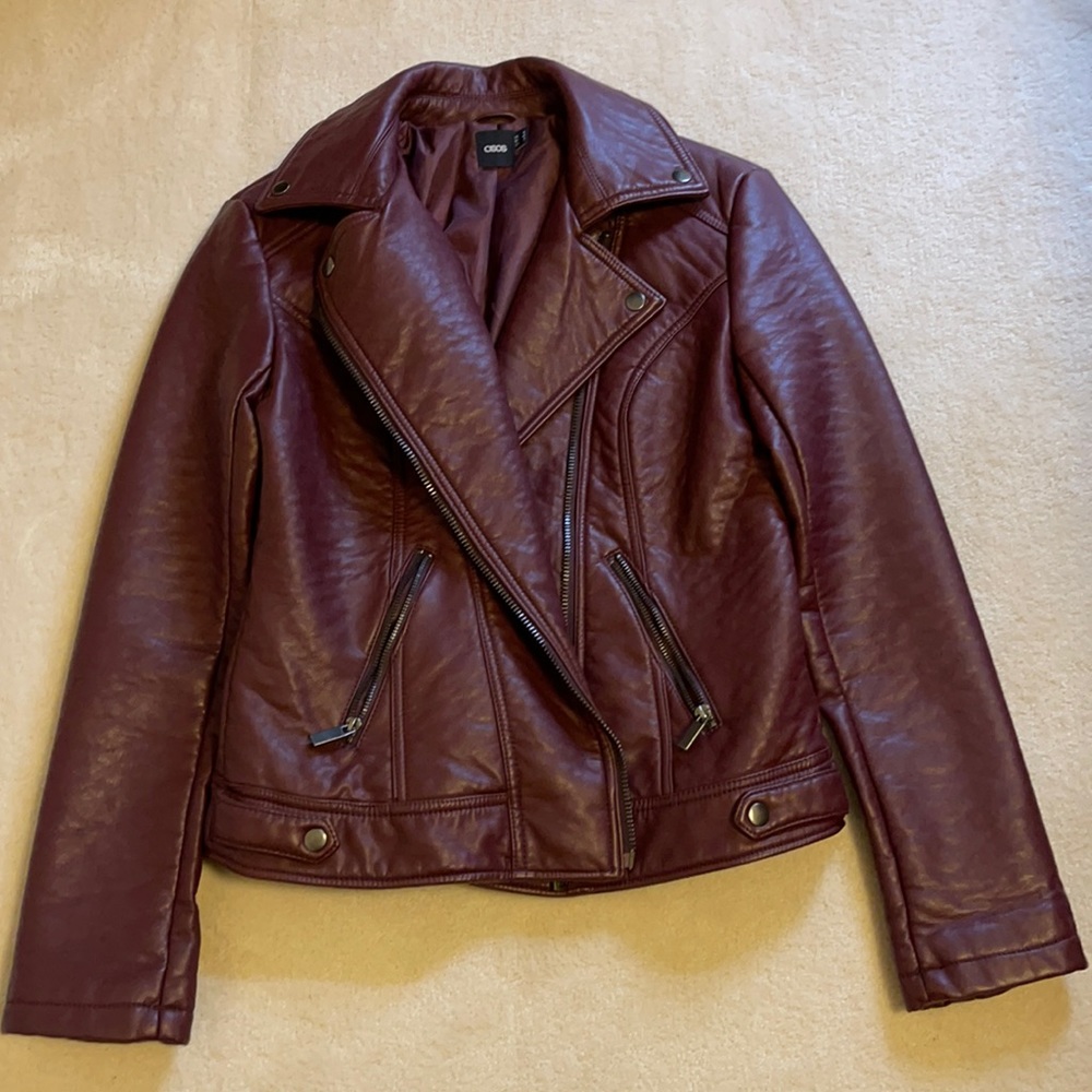 ASOS Burgundy Faux Leather Moto Jacket Size 8 New Without Tags
